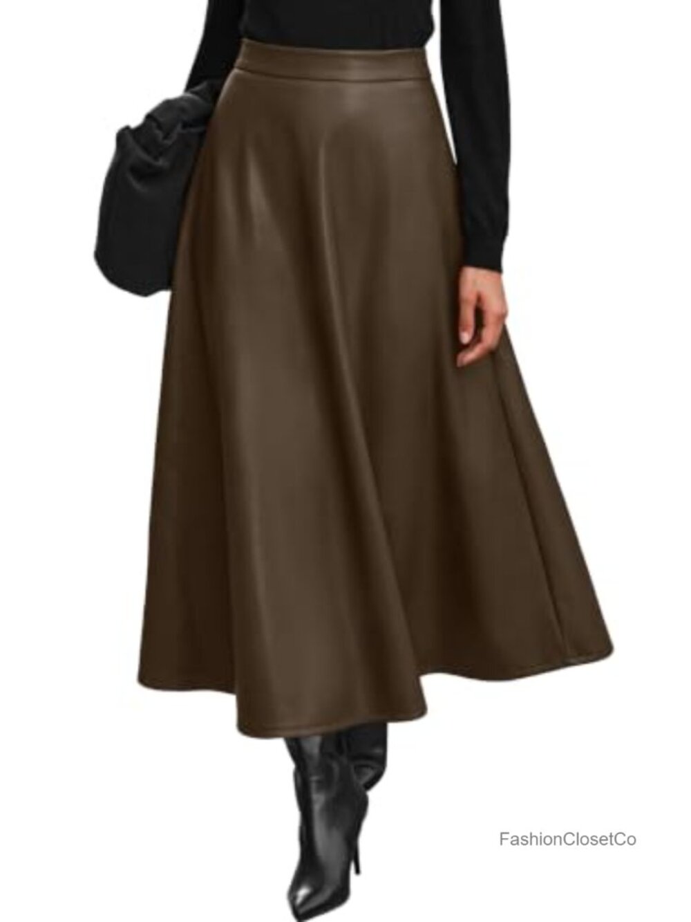 Faux Leather High Waist A-Line Midi Skirt Flared Business Casual
